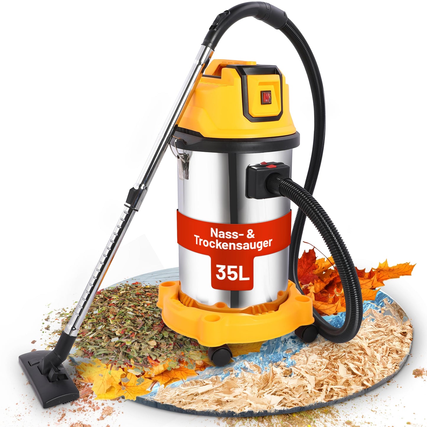 2mGoods 1500W industriestaubsauger 35L Orange, beutellos mit waschbarem Baumwollfilter gegen Feinstaub, nass- & trockensauger mit Kupfer-Doppelmotor & CoolAir-Technologie