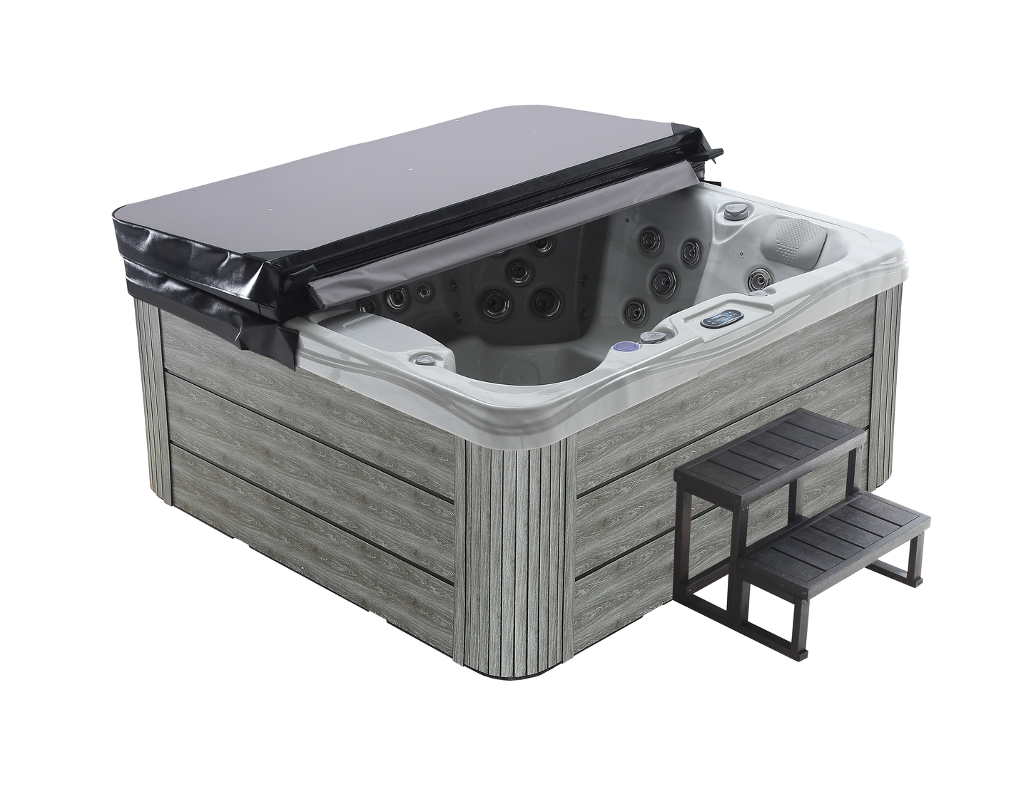 2mGoods Whirlpool Spa mit Fester Außenwand, 12 LED-Beleuchtung, für 5-7 Personen, 190x190x75cm, 34 Massagedüsen), Ganzjähriger Einsatz Winterfest, In & Outdoor Pool