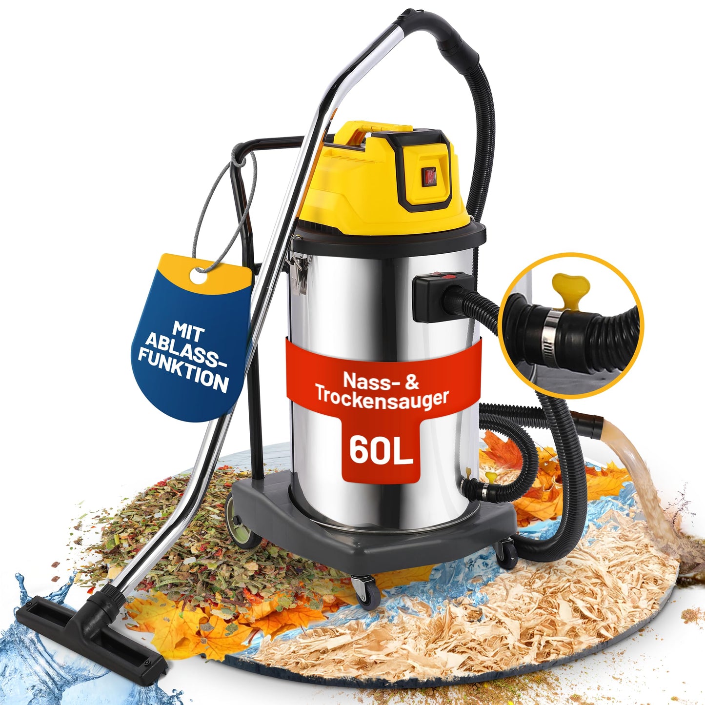 2mGoods 1500W industriestaubsauger 35L Orange, beutellos mit waschbarem Baumwollfilter gegen Feinstaub, nass- & trockensauger mit Kupfer-Doppelmotor & CoolAir-Technologie