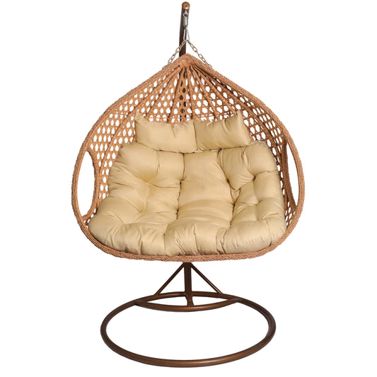 2mGoods Hängesessel mit Gestell für 2 Personen, Korbhängesessel Outdoor & Indoor, Hängekorb Sessel Outdoor Garten, mit Gestell und XXL Rückenkissen, Polyrattan Hängestuhl 2 Personen