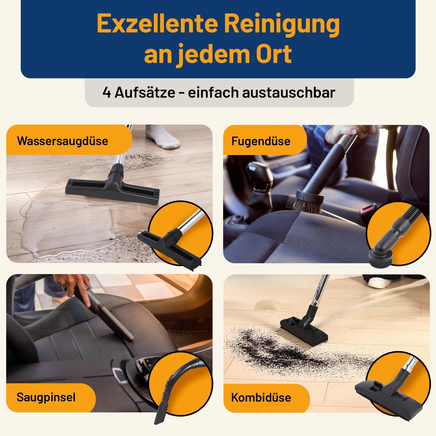 2mGoods 1500W industriestaubsauger 35L Orange, beutellos mit waschbarem Baumwollfilter gegen Feinstaub, nass- & trockensauger mit Kupfer-Doppelmotor & CoolAir-Technologie