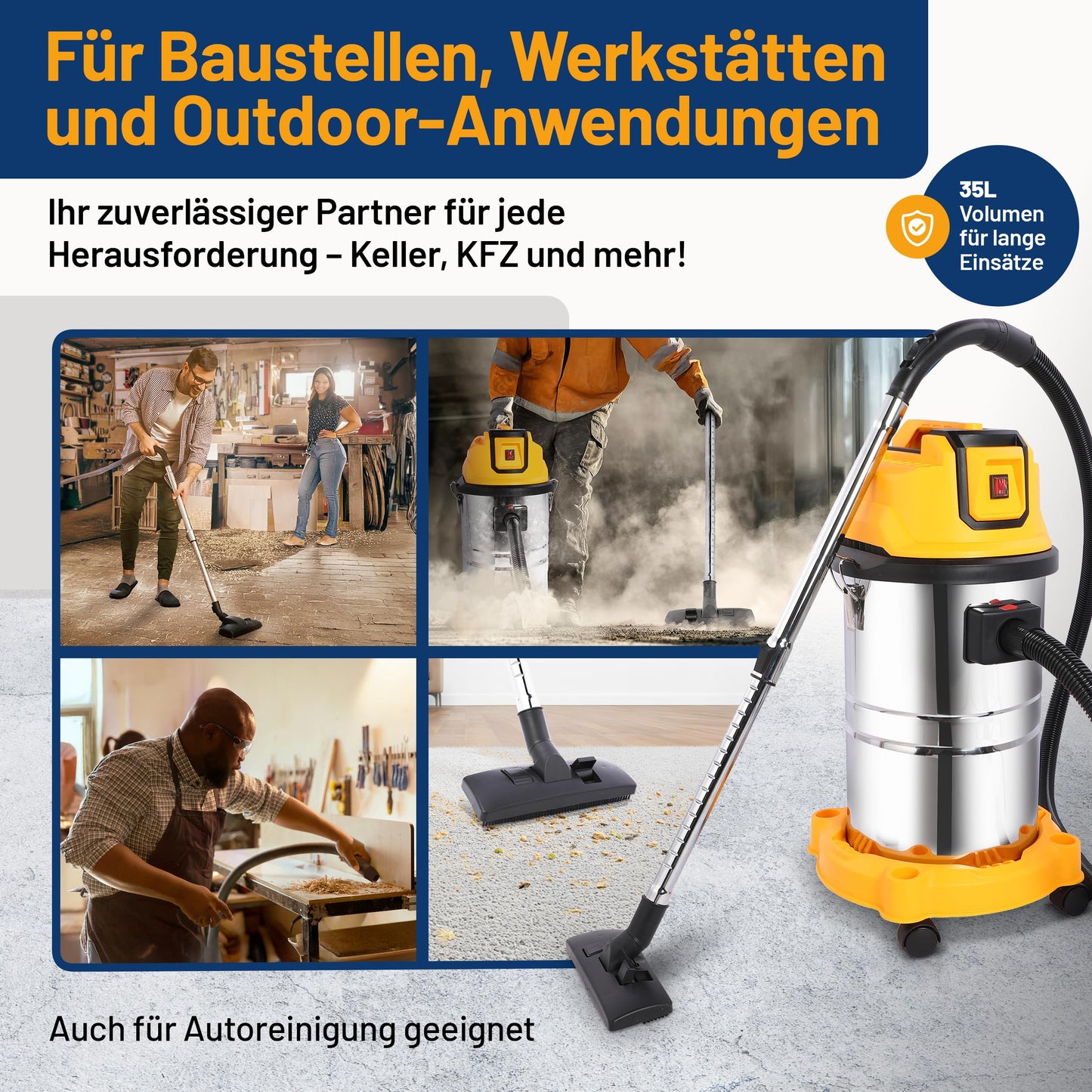 2mGoods 1500W industriestaubsauger 35L Orange, beutellos mit waschbarem Baumwollfilter gegen Feinstaub, nass- & trockensauger mit Kupfer-Doppelmotor & CoolAir-Technologie