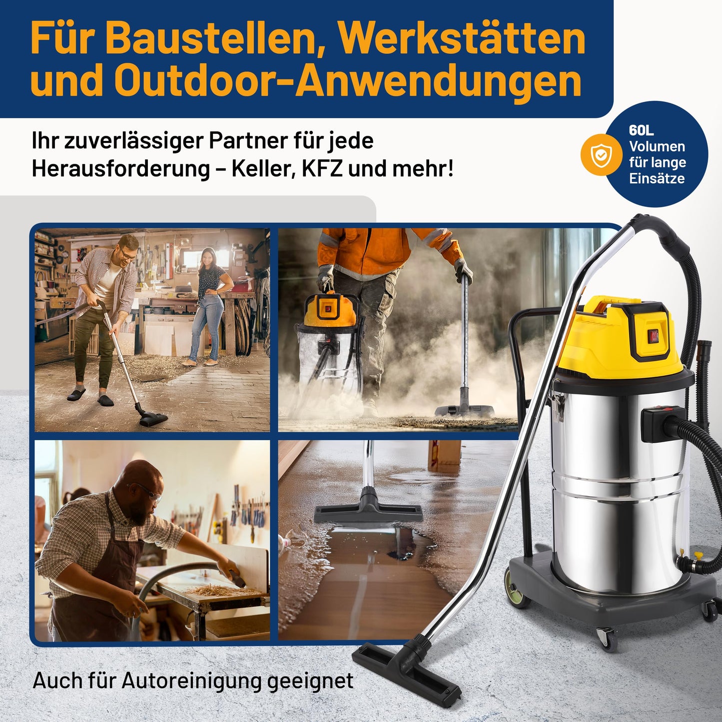 2mGoods 1500W industriestaubsauger 35L Orange, beutellos mit waschbarem Baumwollfilter gegen Feinstaub, nass- & trockensauger mit Kupfer-Doppelmotor & CoolAir-Technologie