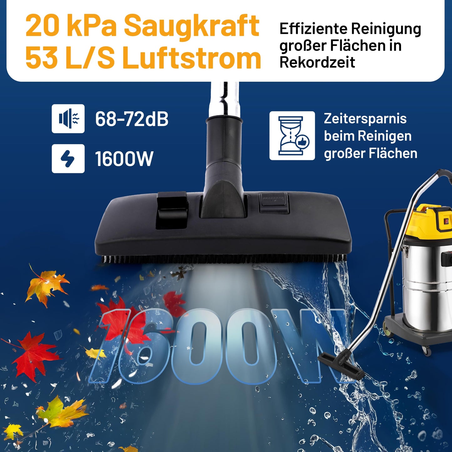 2mGoods 1500W industriestaubsauger 35L Orange, beutellos mit waschbarem Baumwollfilter gegen Feinstaub, nass- & trockensauger mit Kupfer-Doppelmotor & CoolAir-Technologie
