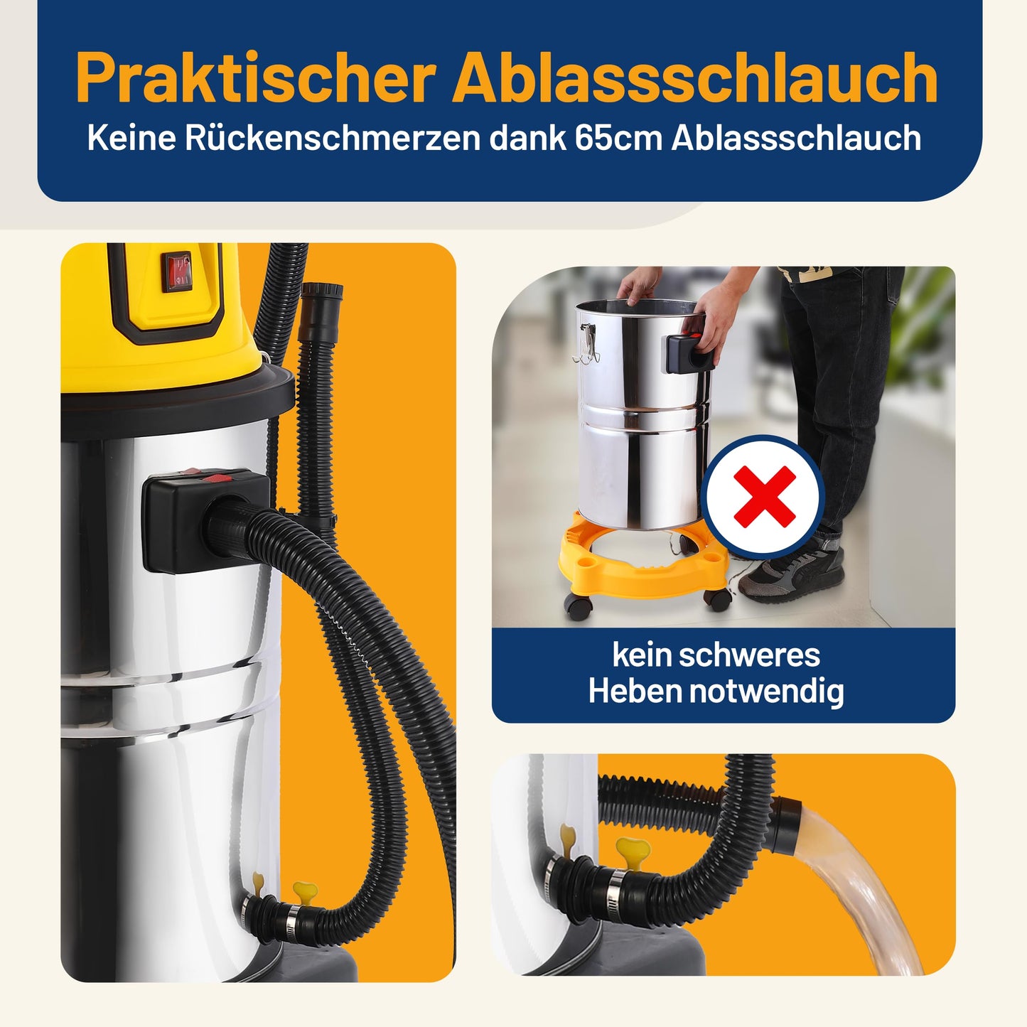 2mGoods 1500W industriestaubsauger 35L Orange, beutellos mit waschbarem Baumwollfilter gegen Feinstaub, nass- & trockensauger mit Kupfer-Doppelmotor & CoolAir-Technologie