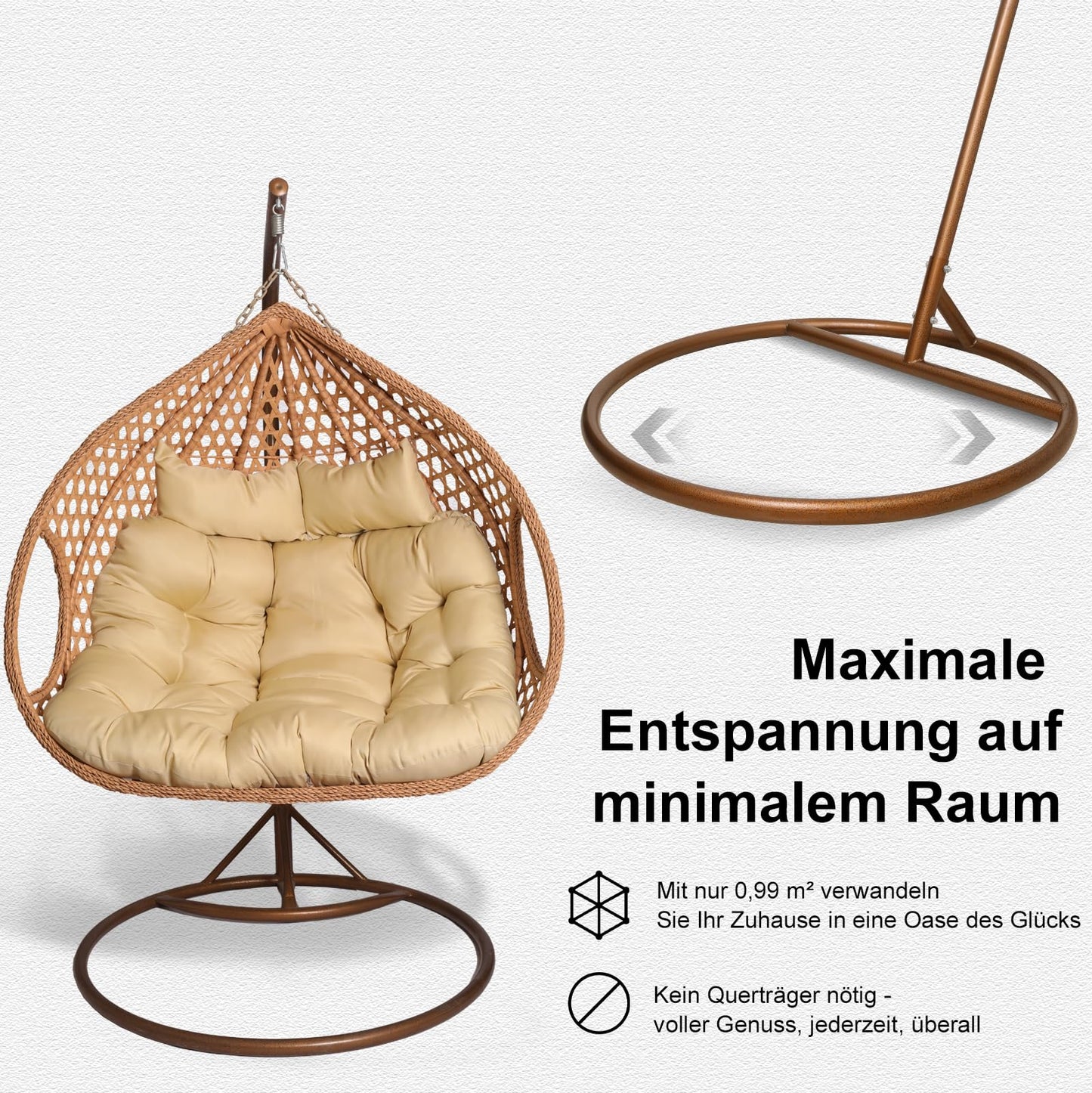 2mGoods Hängesessel mit Gestell für 2 Personen, Korbhängesessel Outdoor & Indoor, Hängekorb Sessel Outdoor Garten, mit Gestell und XXL Rückenkissen, Polyrattan Hängestuhl 2 Personen