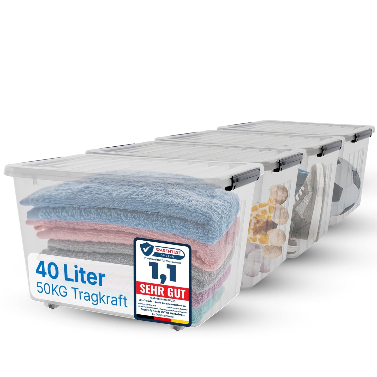 2mGoods - 4er Set 70L robuste Aufbewahrungsboxen mit Deckel L61.5xB44xH36 cm inkl. Tragegriff, Plastikboxen, stapelbar, lebensmittelecht, transparente kleine Kisten für Wohnung, Werkstatt & Keller