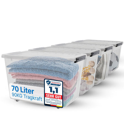 2mGoods - 4er Set 70L robuste Aufbewahrungsboxen mit Deckel L61.5xB44xH36 cm inkl. Tragegriff, Plastikboxen, stapelbar, lebensmittelecht, transparente kleine Kisten für Wohnung, Werkstatt & Keller