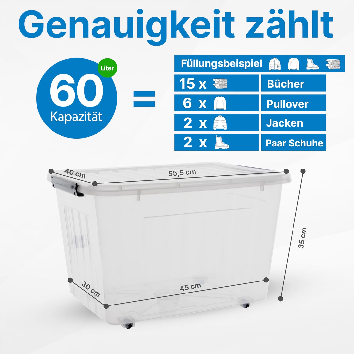2mGoods - 4er Set 70L robuste Aufbewahrungsboxen mit Deckel L61.5xB44xH36 cm inkl. Tragegriff, Plastikboxen, stapelbar, lebensmittelecht, transparente kleine Kisten für Wohnung, Werkstatt & Keller
