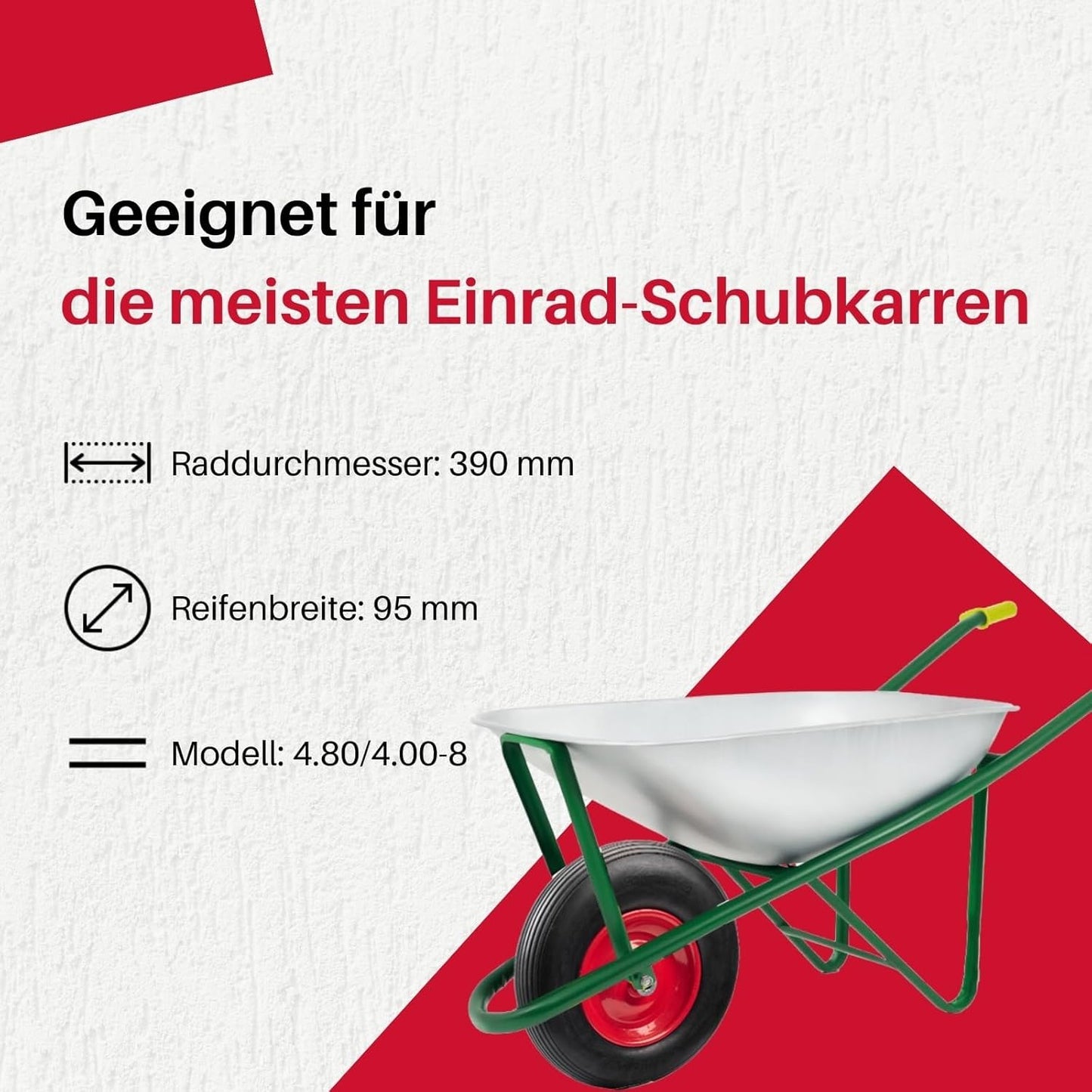 2mgoods langlebiges Schubkarrenrad aus hochwertigem PU Vollgummi mit robuster Achse, Schubkarrenreifen 4.80/4.00-8, leichte Montage, bis 200 kg, universelle Größe, pannensicher