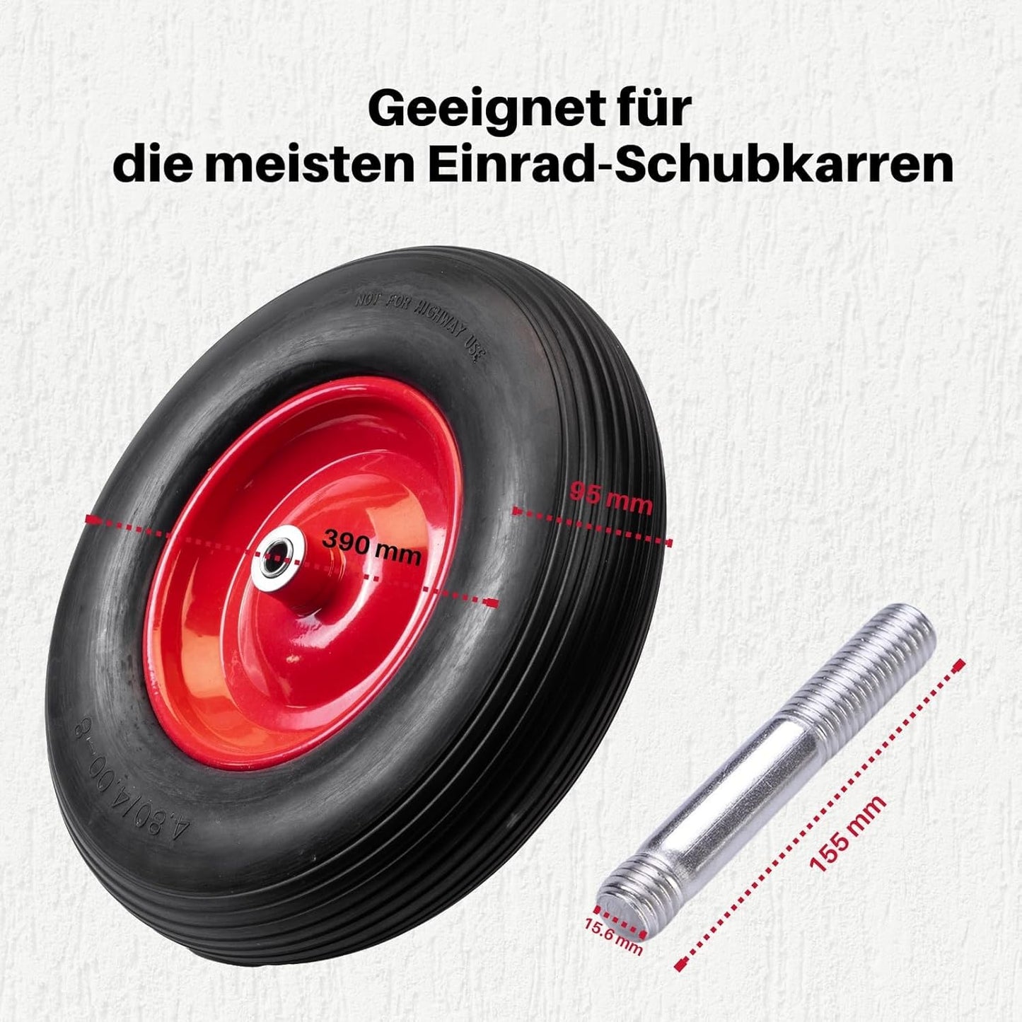 2mgoods langlebiges Schubkarrenrad aus hochwertigem PU Vollgummi mit robuster Achse, Schubkarrenreifen 4.80/4.00-8, leichte Montage, bis 200 kg, universelle Größe, pannensicher