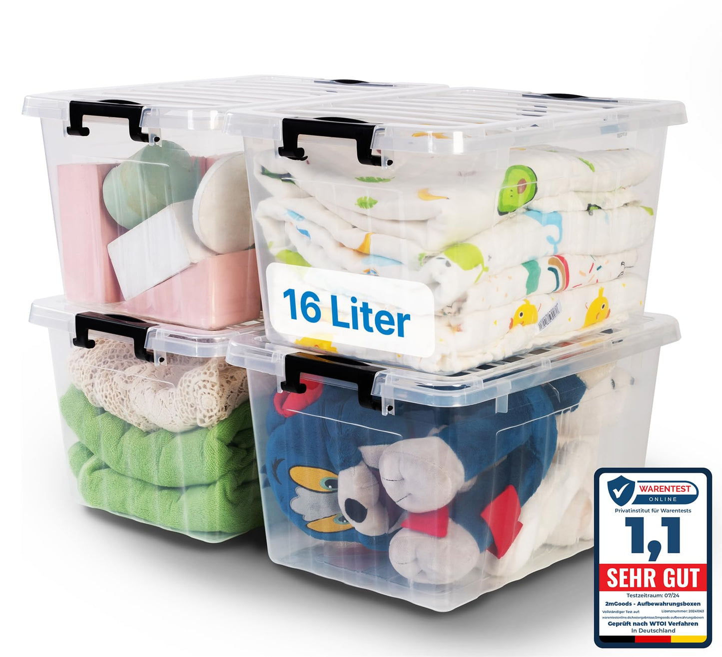 2mGoods - 4er Set 70L robuste Aufbewahrungsboxen mit Deckel L61.5xB44xH36 cm inkl. Tragegriff, Plastikboxen, stapelbar, lebensmittelecht, transparente kleine Kisten für Wohnung, Werkstatt & Keller
