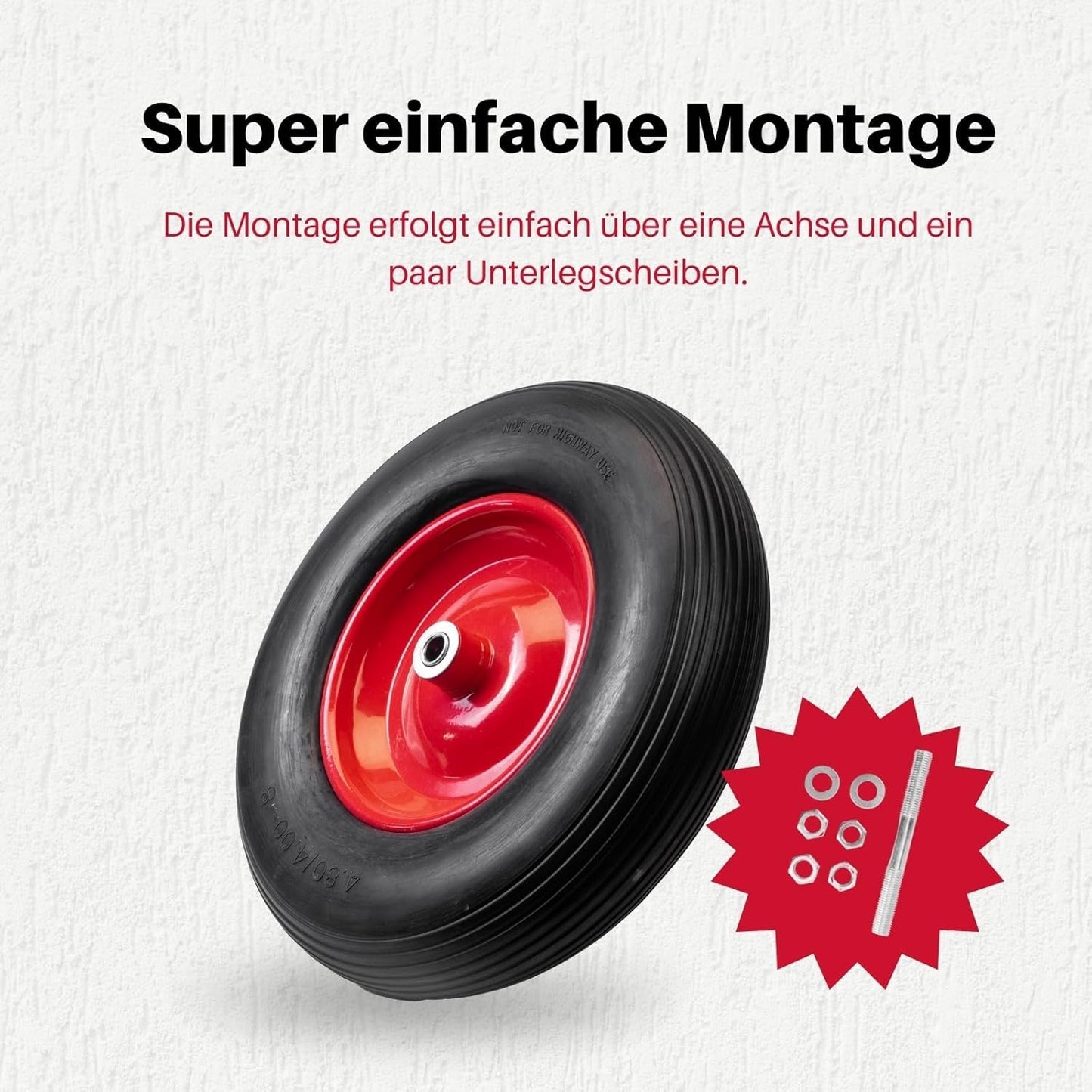 2mgoods langlebiges Schubkarrenrad aus hochwertigem PU Vollgummi mit robuster Achse, Schubkarrenreifen 4.80/4.00-8, leichte Montage, bis 200 kg, universelle Größe, pannensicher