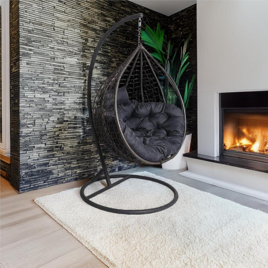 2mGoods Luxuriöser Hängesessel mit Gestell inkl. allergikerfreundlichem Kissen - Hängestuhl mit platzsparender runder Basis, ideal für kleinere Räume Indoor und Outdoor - schaukelsessel Polyrattan