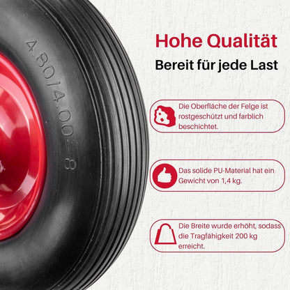2mgoods langlebiges Schubkarrenrad aus hochwertigem PU Vollgummi mit robuster Achse, Schubkarrenreifen 4.80/4.00-8, leichte Montage, bis 200 kg, universelle Größe, pannensicher