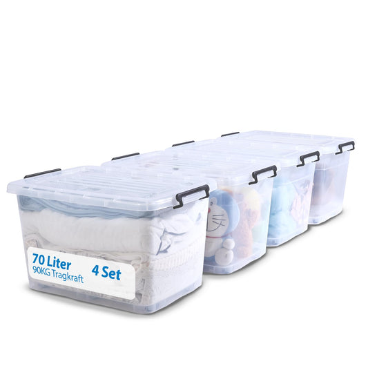 2mGoods - 4er Set 70L robuste Aufbewahrungsboxen mit Deckel L61.5xB44xH36 cm inkl. Tragegriff, Plastikboxen, stapelbar, lebensmittelecht, transparente kleine Kisten für Wohnung, Werkstatt & Keller