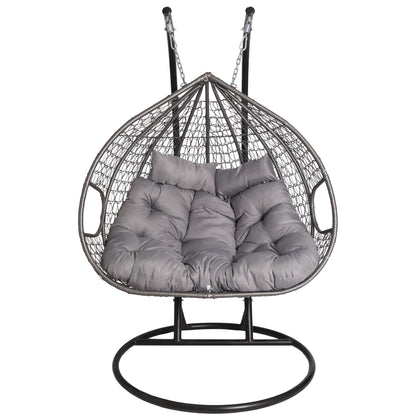 2mGoods Hängesessel mit Gestell für 2 Personen, Korbhängesessel Outdoor & Indoor, Hängekorb Sessel Outdoor Garten, mit Gestell und XXL Rückenkissen, Polyrattan Hängestuhl 2 Personen