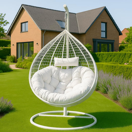 2mGoods Luxuriöser Hängesessel mit Gestell inkl. allergikerfreundlichem Kissen - Hängestuhl mit platzsparender runder Basis, ideal für kleinere Räume Indoor und Outdoor - schaukelsessel Polyrattan
