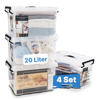 2mGoods - 4er Set 70L robuste Aufbewahrungsboxen mit Deckel L61.5xB44xH36 cm inkl. Tragegriff, Plastikboxen, stapelbar, lebensmittelecht, transparente kleine Kisten für Wohnung, Werkstatt & Keller