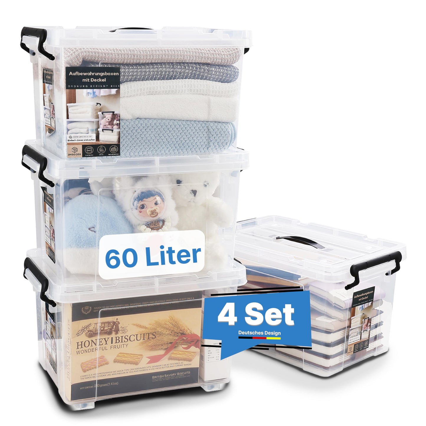 2mGoods - 4er Set 70L robuste Aufbewahrungsboxen mit Deckel L61.5xB44xH36 cm inkl. Tragegriff, Plastikboxen, stapelbar, lebensmittelecht, transparente kleine Kisten für Wohnung, Werkstatt & Keller