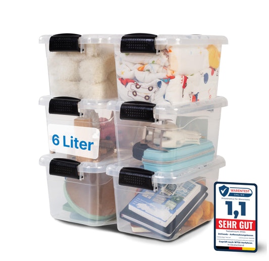 2mGoods - 4er Set 70L robuste Aufbewahrungsboxen mit Deckel L61.5xB44xH36 cm inkl. Tragegriff, Plastikboxen, stapelbar, lebensmittelecht, transparente kleine Kisten für Wohnung, Werkstatt & Keller