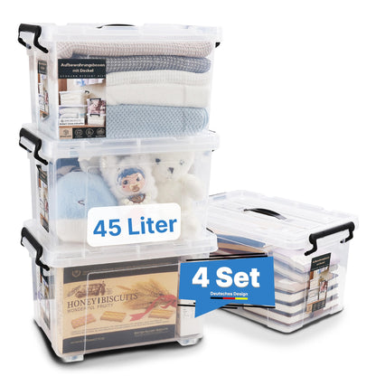 2mGoods - 4er Set 70L robuste Aufbewahrungsboxen mit Deckel L61.5xB44xH36 cm inkl. Tragegriff, Plastikboxen, stapelbar, lebensmittelecht, transparente kleine Kisten für Wohnung, Werkstatt & Keller