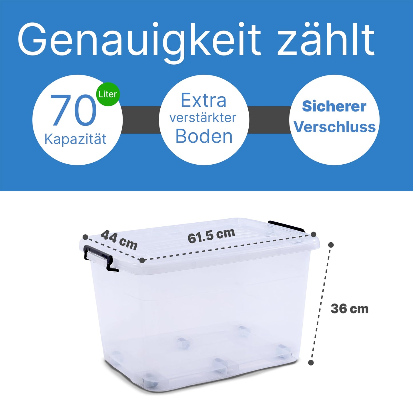 2mGoods - 4er Set 70L robuste Aufbewahrungsboxen mit Deckel L61.5xB44xH36 cm inkl. Tragegriff, Plastikboxen, stapelbar, lebensmittelecht, transparente kleine Kisten für Wohnung, Werkstatt & Keller