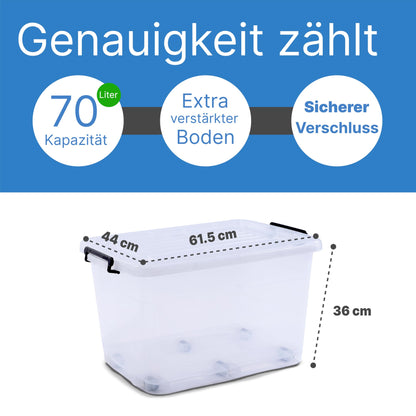 2mGoods - 4er Set 70L robuste Aufbewahrungsboxen mit Deckel L61.5xB44xH36 cm inkl. Tragegriff, Plastikboxen, stapelbar, lebensmittelecht, transparente kleine Kisten für Wohnung, Werkstatt & Keller
