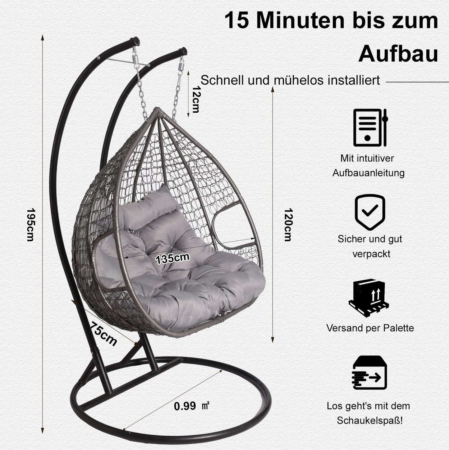 2mGoods Hängesessel mit Gestell für 2 Personen, Korbhängesessel Outdoor & Indoor, Hängekorb Sessel Outdoor Garten, mit Gestell und XXL Rückenkissen, Polyrattan Hängestuhl 2 Personen