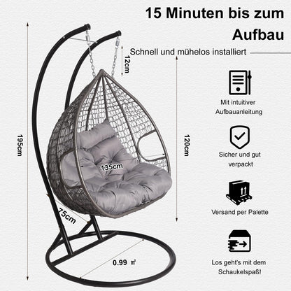 2mGoods Hängesessel mit Gestell für 2 Personen, Korbhängesessel Outdoor & Indoor, Hängekorb Sessel Outdoor Garten, mit Gestell und XXL Rückenkissen, Polyrattan Hängestuhl 2 Personen