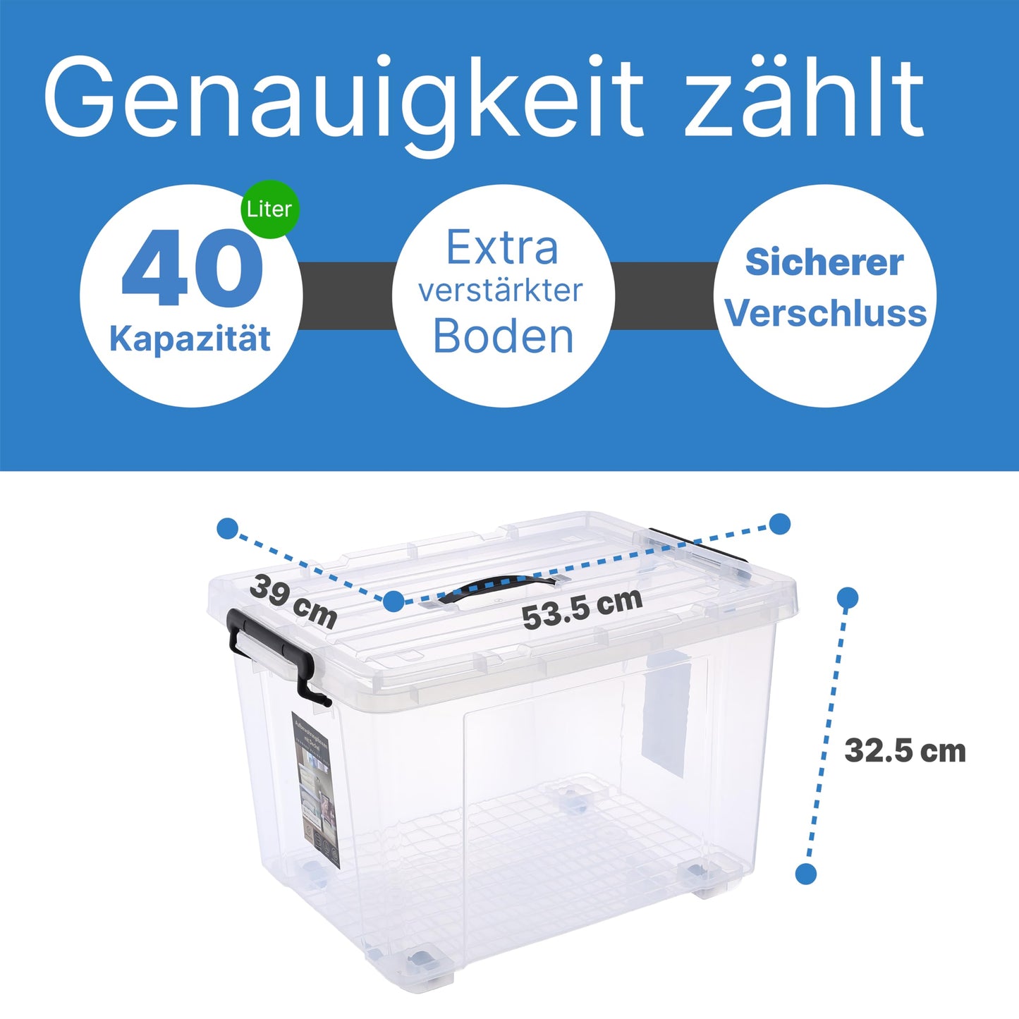 2mGoods - 4er Set 70L robuste Aufbewahrungsboxen mit Deckel L61.5xB44xH36 cm inkl. Tragegriff, Plastikboxen, stapelbar, lebensmittelecht, transparente kleine Kisten für Wohnung, Werkstatt & Keller