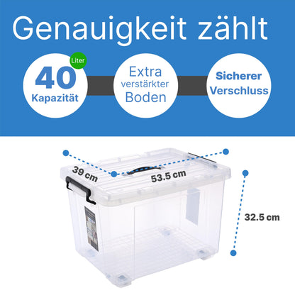 2mGoods - 4er Set 70L robuste Aufbewahrungsboxen mit Deckel L61.5xB44xH36 cm inkl. Tragegriff, Plastikboxen, stapelbar, lebensmittelecht, transparente kleine Kisten für Wohnung, Werkstatt & Keller