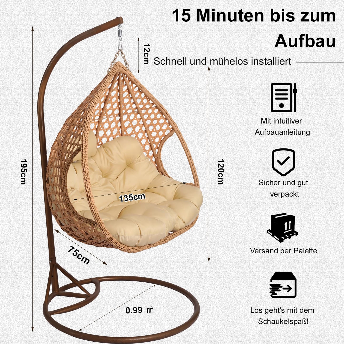 2mGoods Hängesessel mit Gestell für 2 Personen, Korbhängesessel Outdoor & Indoor, Hängekorb Sessel Outdoor Garten, mit Gestell und XXL Rückenkissen, Polyrattan Hängestuhl 2 Personen