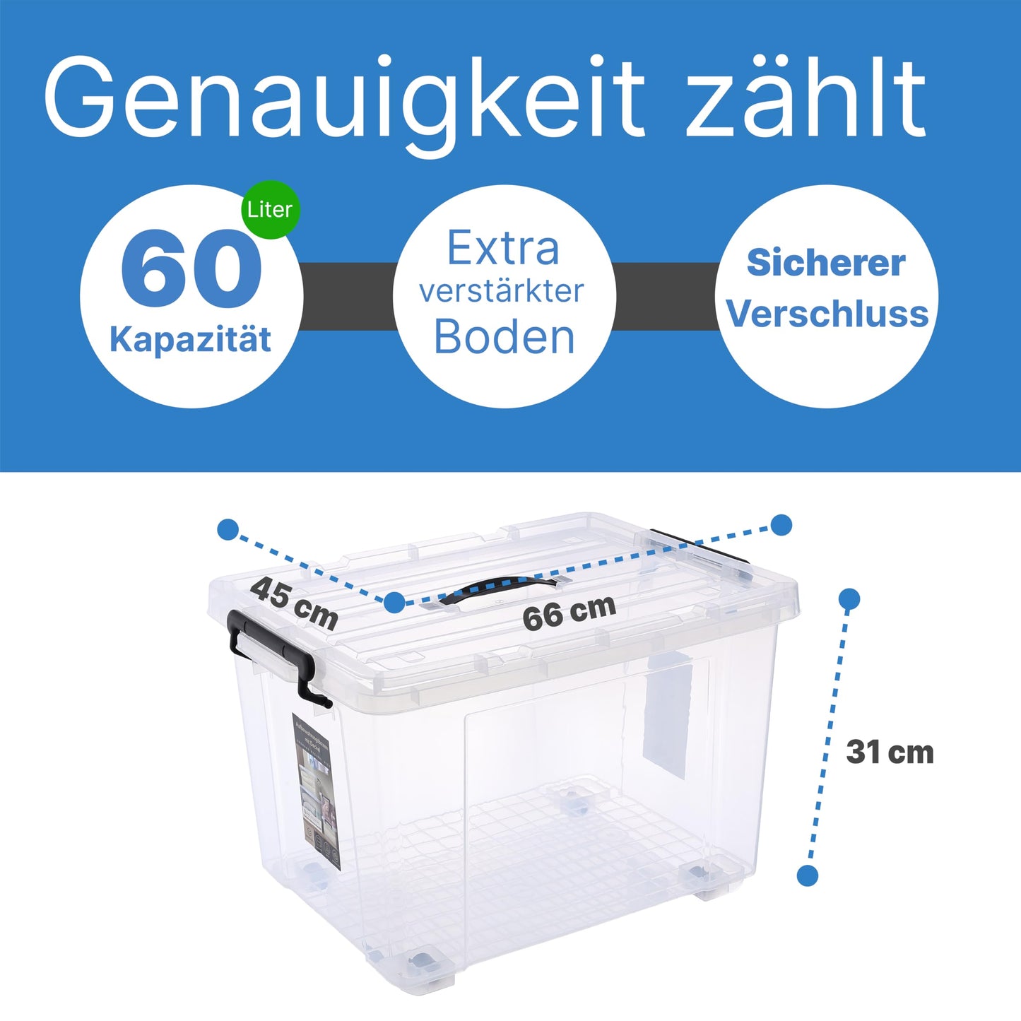 2mGoods - 4er Set 70L robuste Aufbewahrungsboxen mit Deckel L61.5xB44xH36 cm inkl. Tragegriff, Plastikboxen, stapelbar, lebensmittelecht, transparente kleine Kisten für Wohnung, Werkstatt & Keller