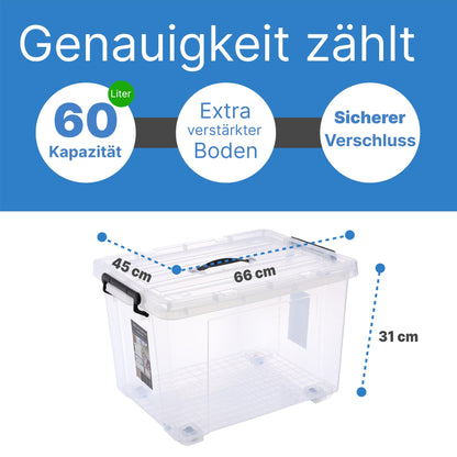 2mGoods - 4er Set 70L robuste Aufbewahrungsboxen mit Deckel L61.5xB44xH36 cm inkl. Tragegriff, Plastikboxen, stapelbar, lebensmittelecht, transparente kleine Kisten für Wohnung, Werkstatt & Keller
