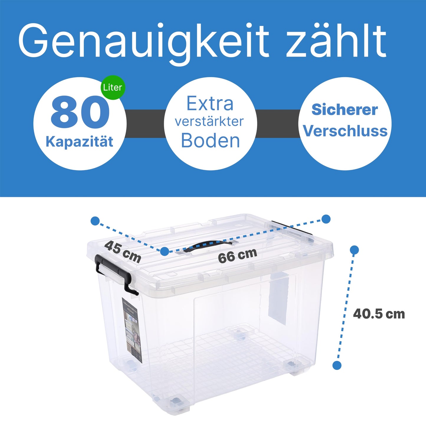2mGoods - 4er Set 70L robuste Aufbewahrungsboxen mit Deckel L61.5xB44xH36 cm inkl. Tragegriff, Plastikboxen, stapelbar, lebensmittelecht, transparente kleine Kisten für Wohnung, Werkstatt & Keller