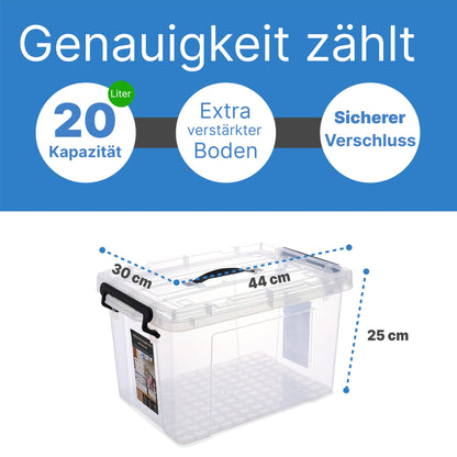 2mGoods - 4er Set 70L robuste Aufbewahrungsboxen mit Deckel L61.5xB44xH36 cm inkl. Tragegriff, Plastikboxen, stapelbar, lebensmittelecht, transparente kleine Kisten für Wohnung, Werkstatt & Keller