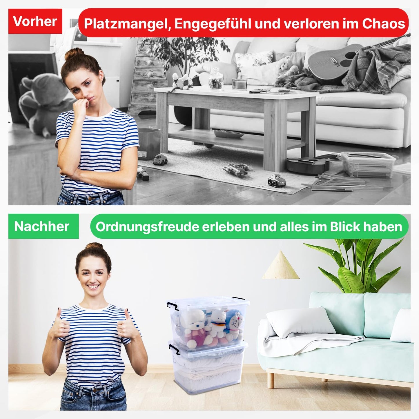 2mGoods - 4er Set 70L robuste Aufbewahrungsboxen mit Deckel L61.5xB44xH36 cm inkl. Tragegriff, Plastikboxen, stapelbar, lebensmittelecht, transparente kleine Kisten für Wohnung, Werkstatt & Keller