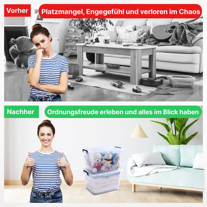 2mGoods - 4er Set 70L robuste Aufbewahrungsboxen mit Deckel L61.5xB44xH36 cm inkl. Tragegriff, Plastikboxen, stapelbar, lebensmittelecht, transparente kleine Kisten für Wohnung, Werkstatt & Keller