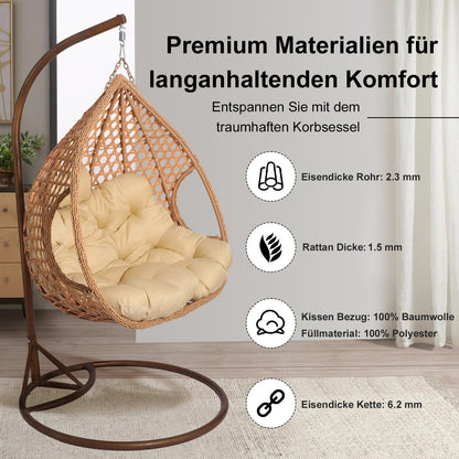 2mGoods Hängesessel mit Gestell für 2 Personen, Korbhängesessel Outdoor & Indoor, Hängekorb Sessel Outdoor Garten, mit Gestell und XXL Rückenkissen, Polyrattan Hängestuhl 2 Personen