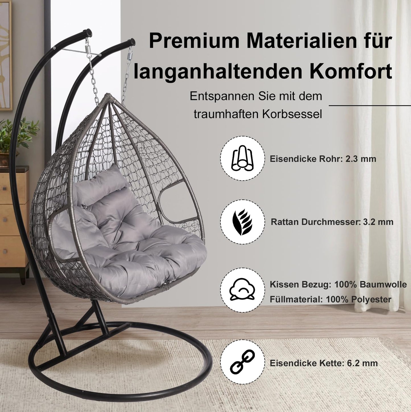 2mGoods Hängesessel mit Gestell für 2 Personen, Korbhängesessel Outdoor & Indoor, Hängekorb Sessel Outdoor Garten, mit Gestell und XXL Rückenkissen, Polyrattan Hängestuhl 2 Personen