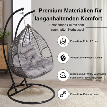 2mGoods Hängesessel mit Gestell für 2 Personen, Korbhängesessel Outdoor & Indoor, Hängekorb Sessel Outdoor Garten, mit Gestell und XXL Rückenkissen, Polyrattan Hängestuhl 2 Personen