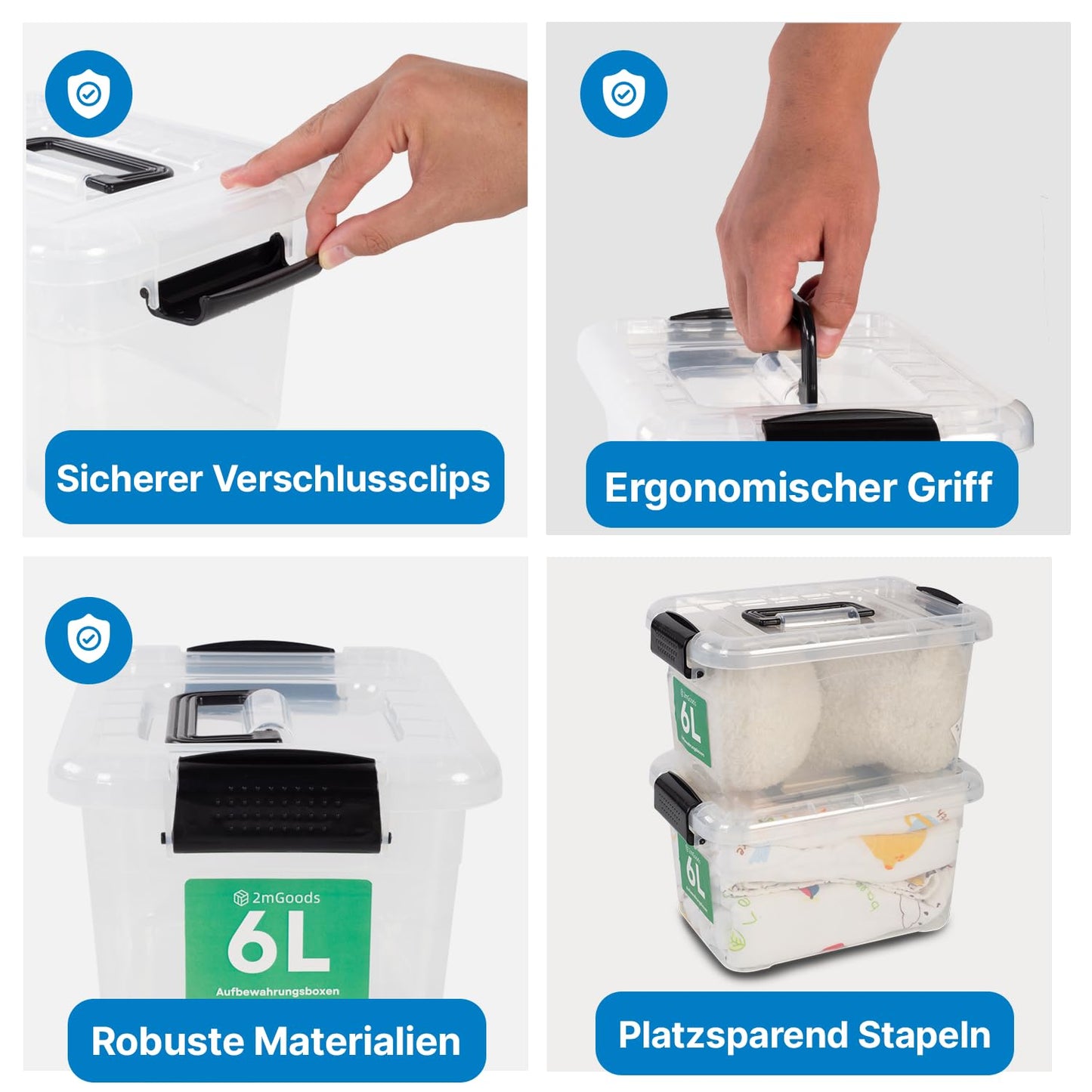 2mGoods - 4er Set 70L robuste Aufbewahrungsboxen mit Deckel L61.5xB44xH36 cm inkl. Tragegriff, Plastikboxen, stapelbar, lebensmittelecht, transparente kleine Kisten für Wohnung, Werkstatt & Keller