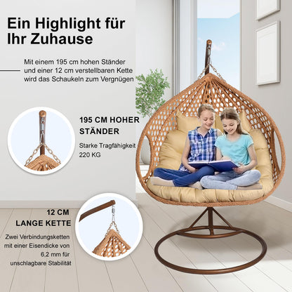 2mGoods Hängesessel mit Gestell für 2 Personen, Korbhängesessel Outdoor & Indoor, Hängekorb Sessel Outdoor Garten, mit Gestell und XXL Rückenkissen, Polyrattan Hängestuhl 2 Personen