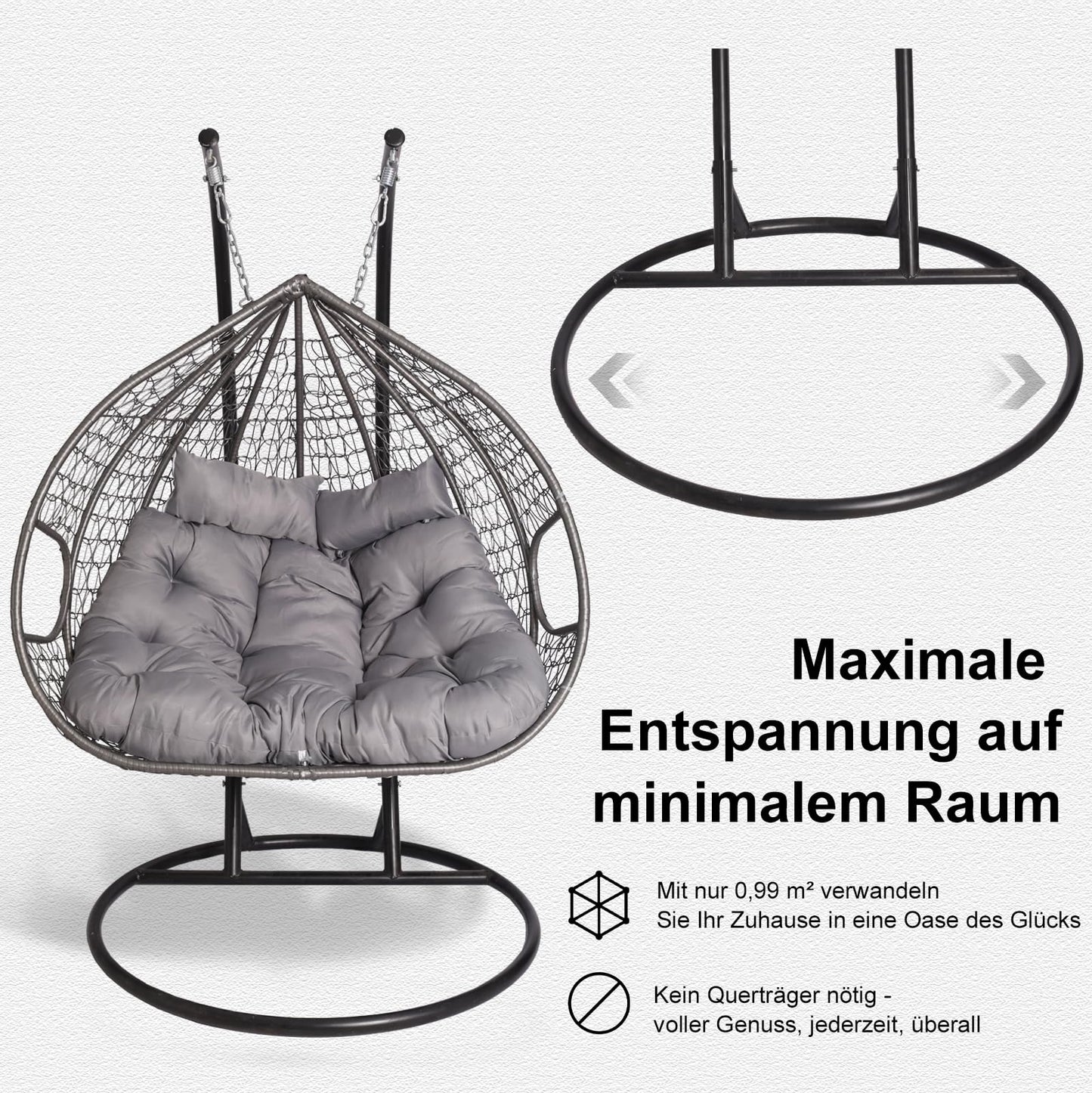2mGoods Hängesessel mit Gestell für 2 Personen, Korbhängesessel Outdoor & Indoor, Hängekorb Sessel Outdoor Garten, mit Gestell und XXL Rückenkissen, Polyrattan Hängestuhl 2 Personen
