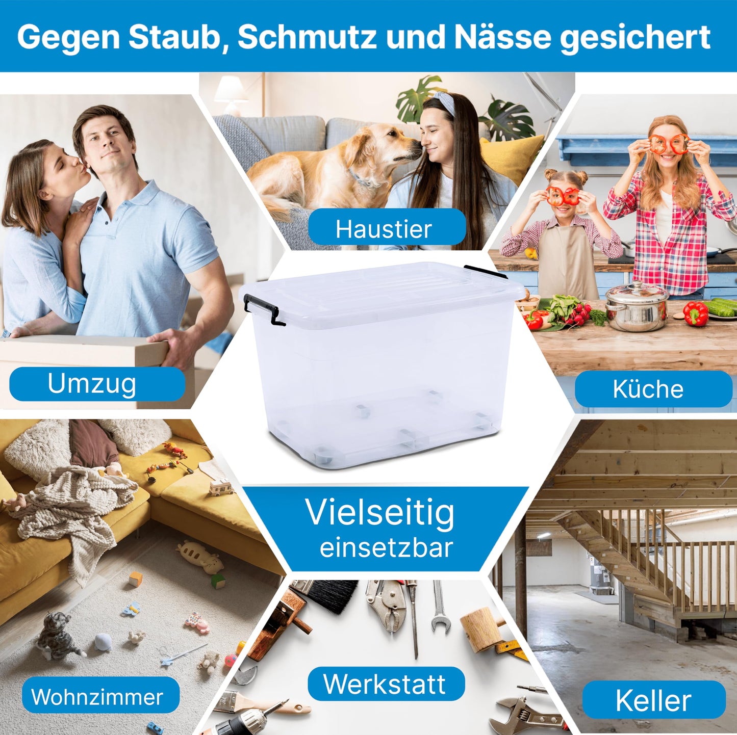 2mGoods - 4er Set 70L robuste Aufbewahrungsboxen mit Deckel L61.5xB44xH36 cm inkl. Tragegriff, Plastikboxen, stapelbar, lebensmittelecht, transparente kleine Kisten für Wohnung, Werkstatt & Keller