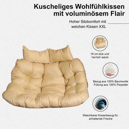 2mGoods Hängesessel mit Gestell für 2 Personen, Korbhängesessel Outdoor & Indoor, Hängekorb Sessel Outdoor Garten, mit Gestell und XXL Rückenkissen, Polyrattan Hängestuhl 2 Personen