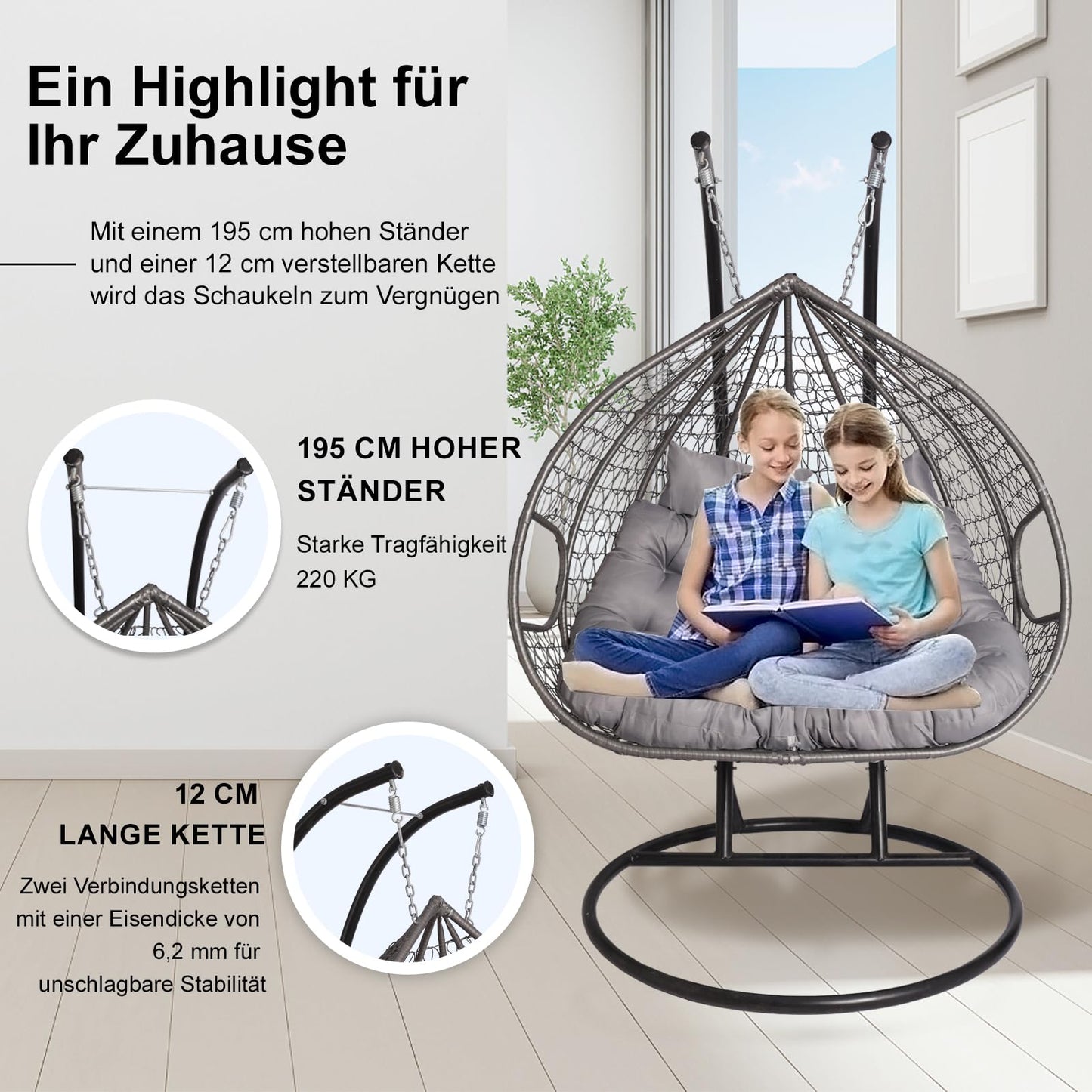 2mGoods Hängesessel mit Gestell für 2 Personen, Korbhängesessel Outdoor & Indoor, Hängekorb Sessel Outdoor Garten, mit Gestell und XXL Rückenkissen, Polyrattan Hängestuhl 2 Personen