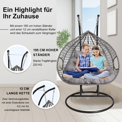 2mGoods Hängesessel mit Gestell für 2 Personen, Korbhängesessel Outdoor & Indoor, Hängekorb Sessel Outdoor Garten, mit Gestell und XXL Rückenkissen, Polyrattan Hängestuhl 2 Personen