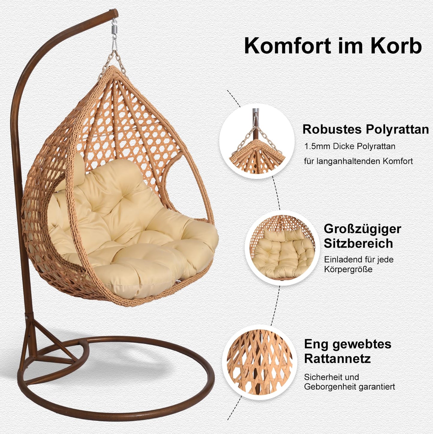 2mGoods Hängesessel mit Gestell für 2 Personen, Korbhängesessel Outdoor & Indoor, Hängekorb Sessel Outdoor Garten, mit Gestell und XXL Rückenkissen, Polyrattan Hängestuhl 2 Personen